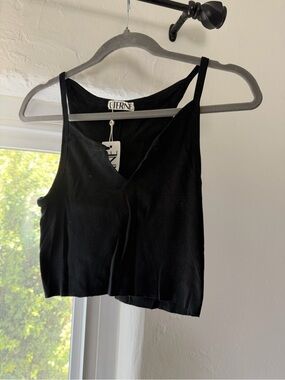 Eterne Black Ribbed V-Neck Cropped Tank